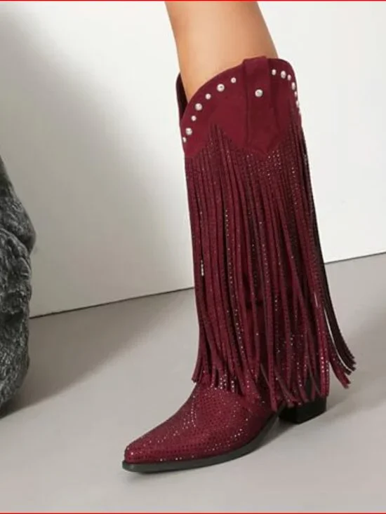 Rhinestone Fringe Cowgirl Boots, Faux Leather Mid-Calf Chunky Heel - Picture 6 of 7